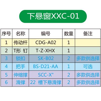 下悬窗五金系统XXC-01配件表