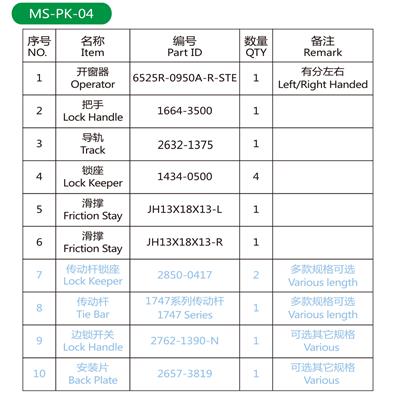 美式开窗器系统MS-PK-04配件表